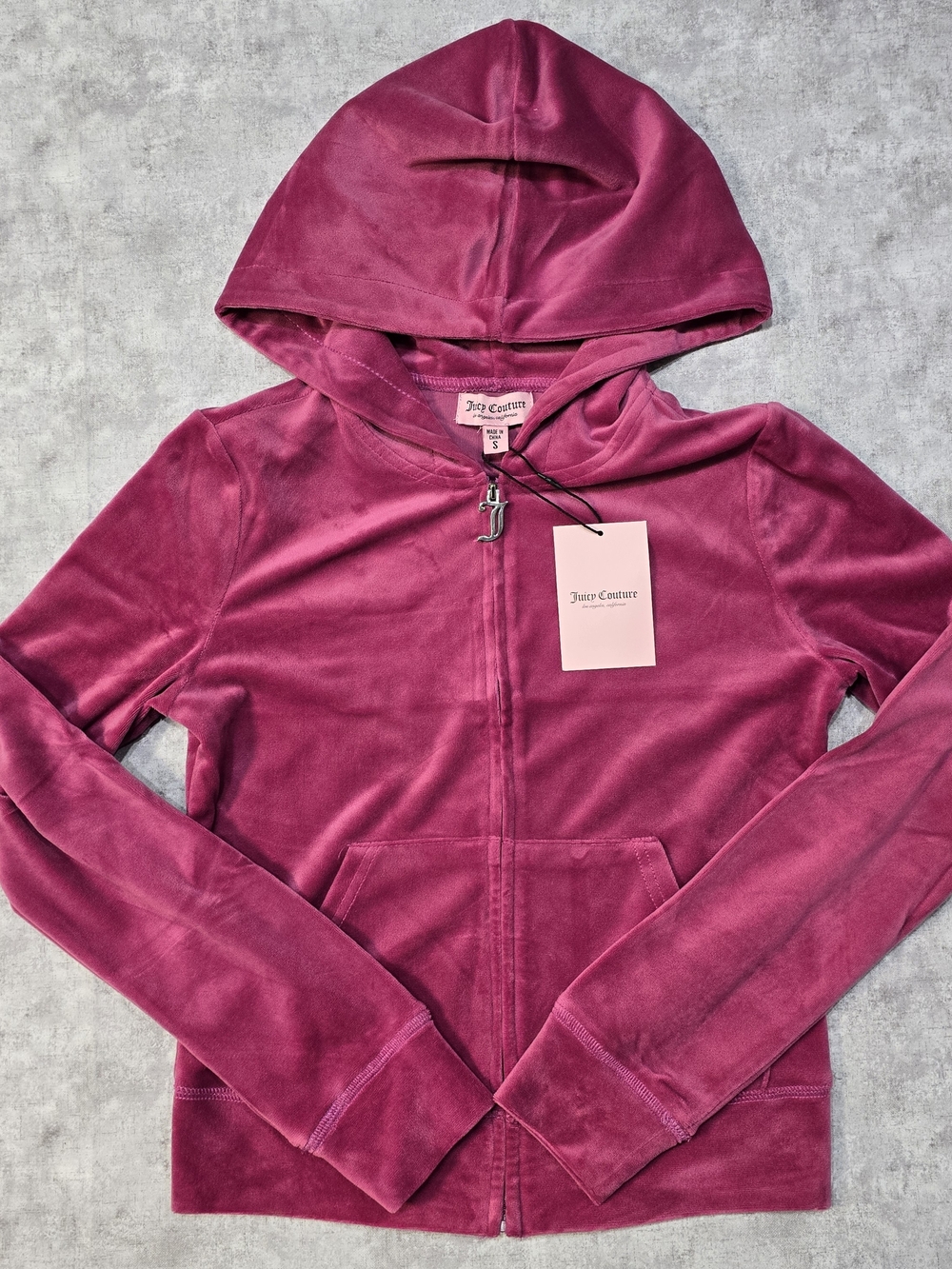 Juicy Couture hot pink velour zip up hoodie with rhinestone logo Size S